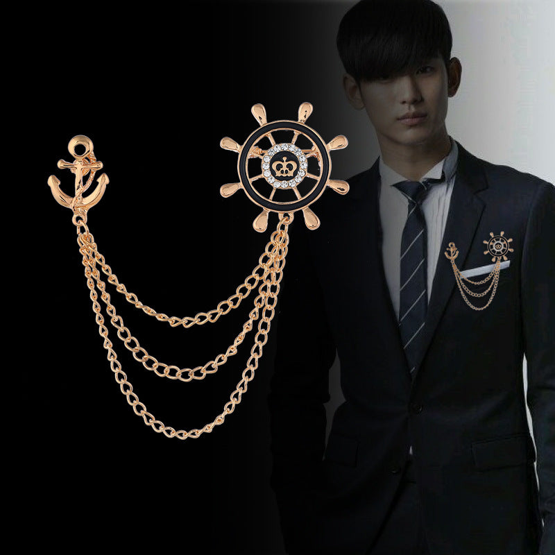 Navy Style Anchor and Rudder Chain Metal Brooch 3pcs