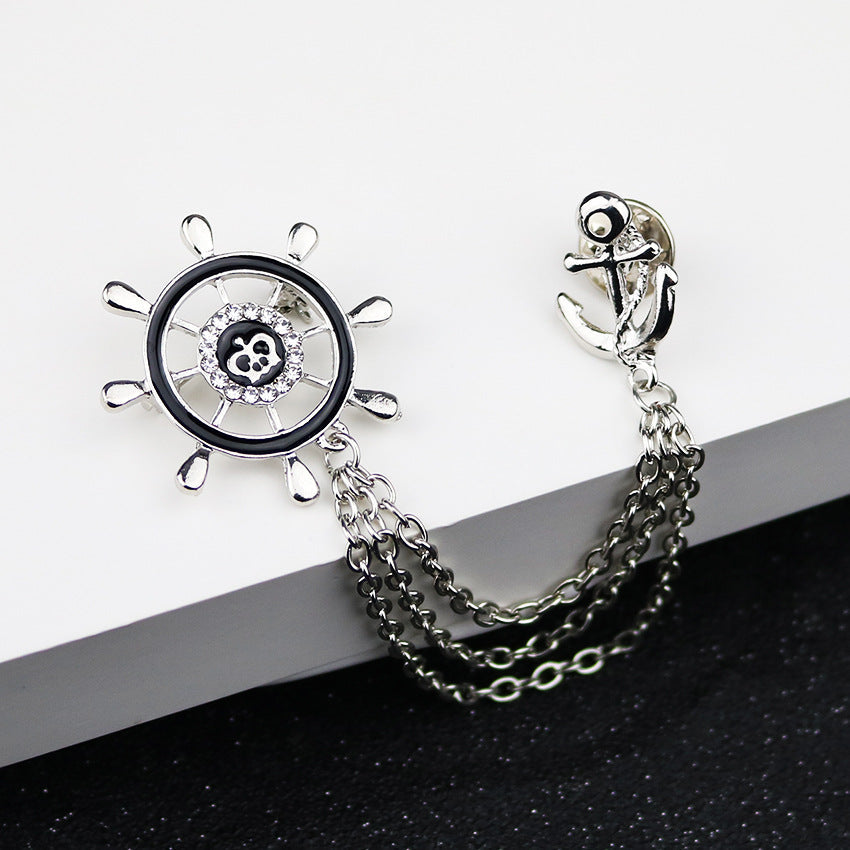 Navy Style Anchor and Rudder Chain Metal Brooch 3pcs Silver