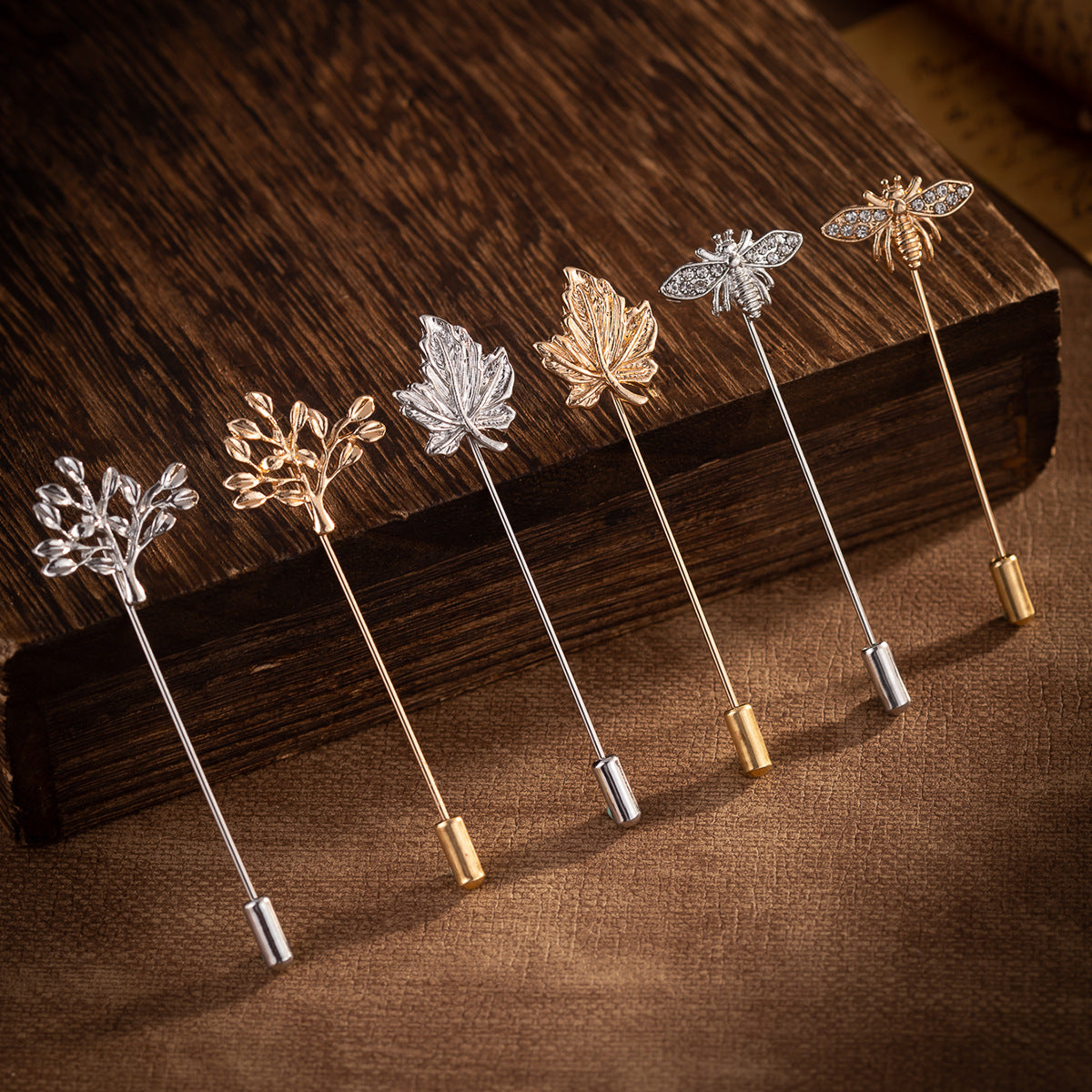Simple Gold and Silver Pin Bee Tree and Maple Leaf Brooch 6 Pack