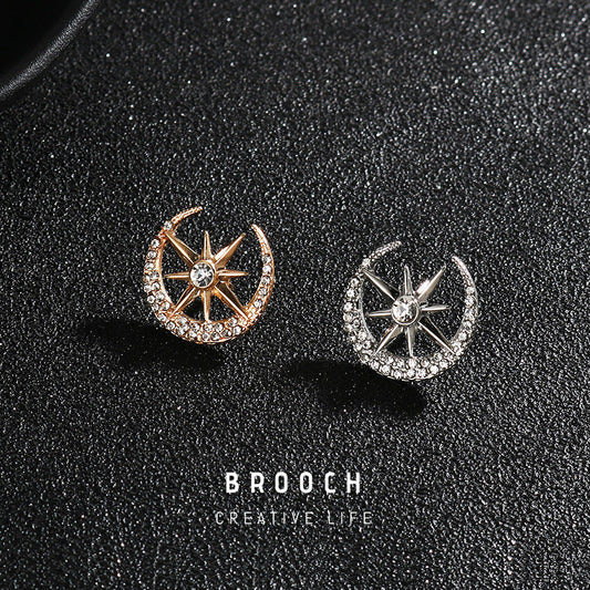 1.8CM Gold Silver Diamond Moon Eight-Pointed Star Suit Brooch 6pcs