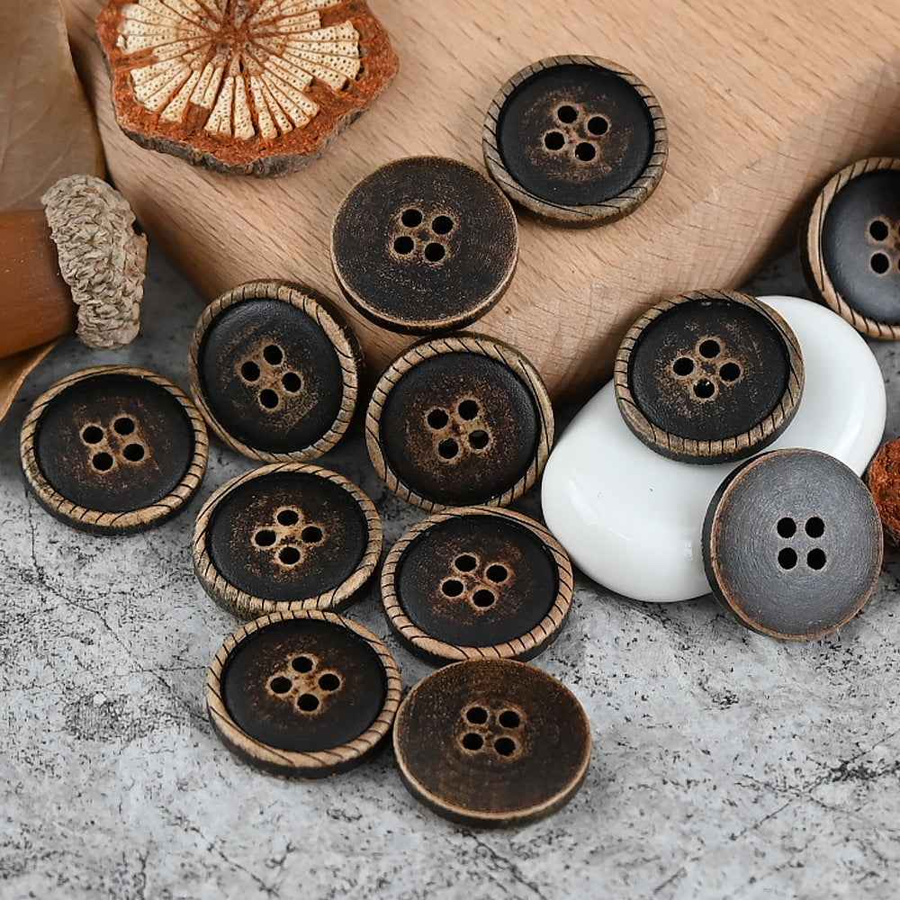 11-20mm Vintage Distressed Laser Engraved Wood Buttons for Children's Clothing 50pcs Slim Edge