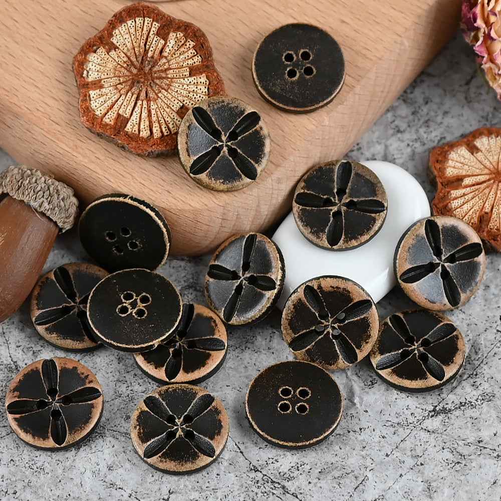 11-20mm Vintage Distressed Laser Engraved Wood Buttons for Children's Clothing 50pcs Four-Leaf Clover