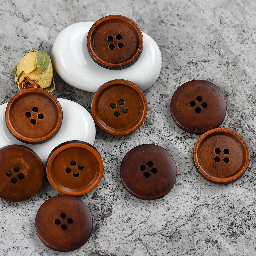15 - 25mm Round 4 Hole Vintage Chinese Style Cow Bone Buttons 10PCS Brown