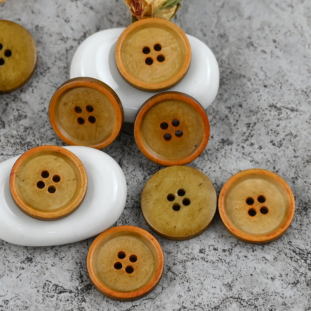 15 - 25mm Round 4 Hole Vintage Chinese Style Cow Bone Buttons 10PCS Yellow