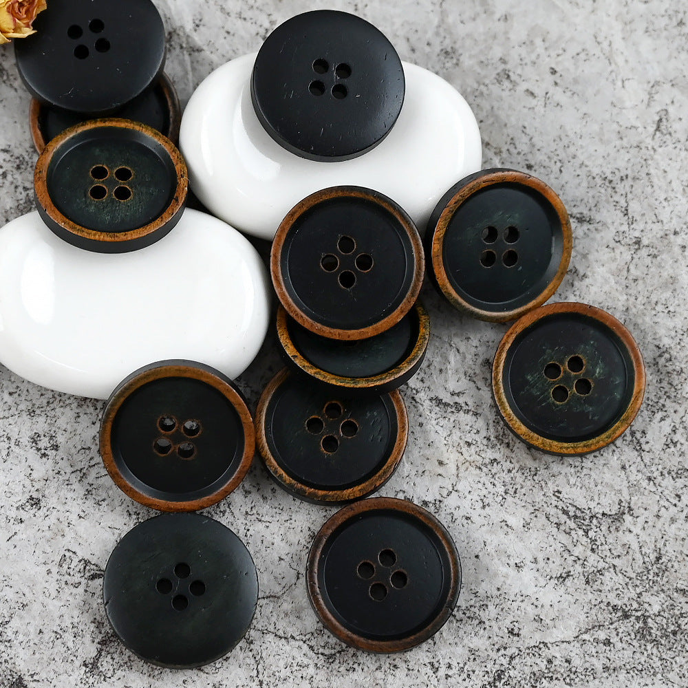 15 - 25mm Round 4 Hole Vintage Chinese Style Cow Bone Buttons 10PCS Black