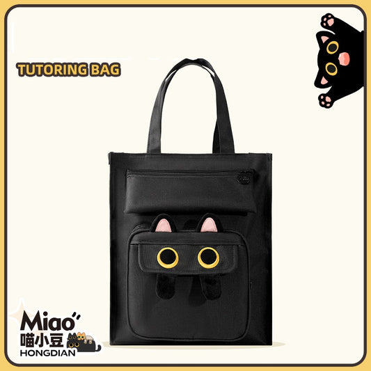 HongDian Embroidered Cat Study Bag Large Capacity Canvas Art Bag for Students Black