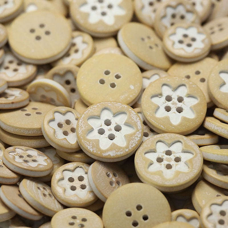 Natural Wood Buttons Floral Oval Triangular Patterns 30 Pack