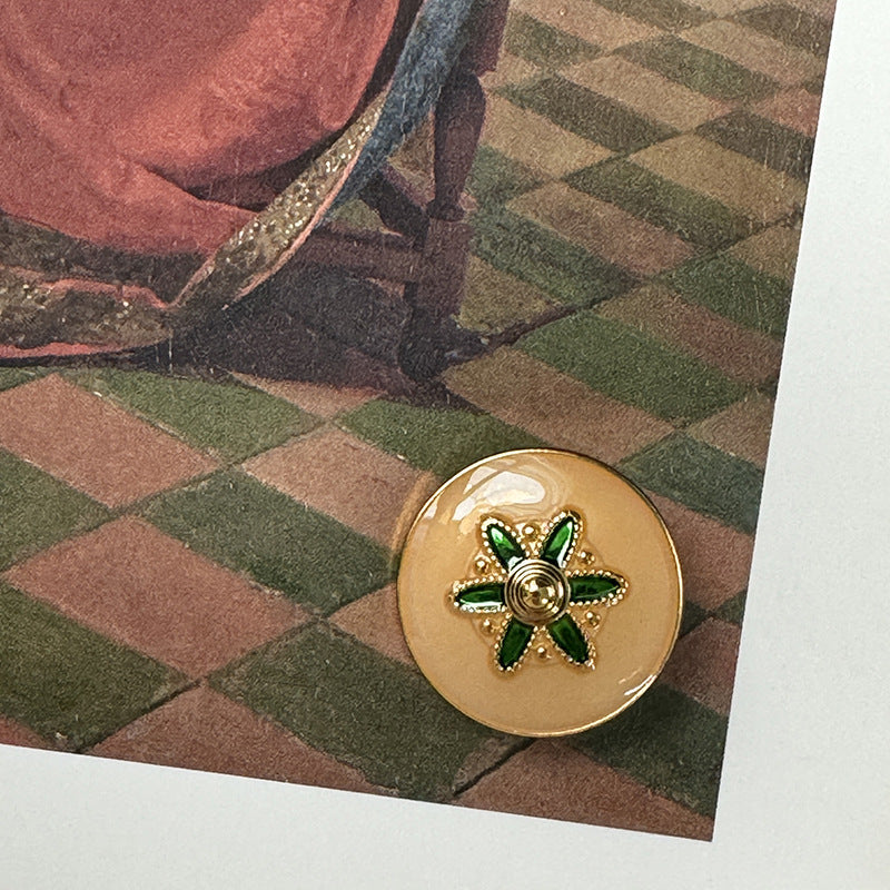 Oil-Painted Flower Pattern Alloy Base Buttons 5pcs Orange Green