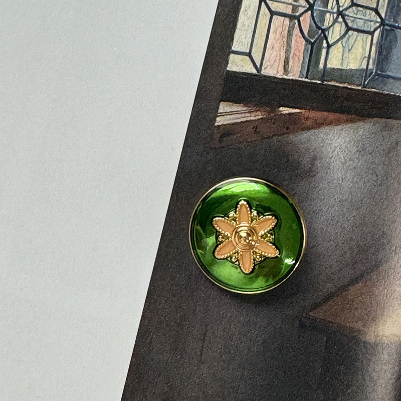 Oil-Painted Flower Pattern Alloy Base Buttons 5pcs Green Orange