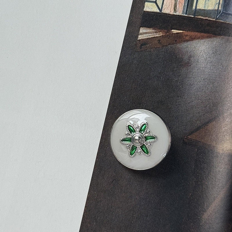 Oil-Painted Flower Pattern Alloy Base Buttons 5pcs Gray Green