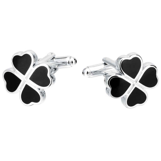 Black Enamel Four-Leaf Clover Cufflinks for Lucky Men