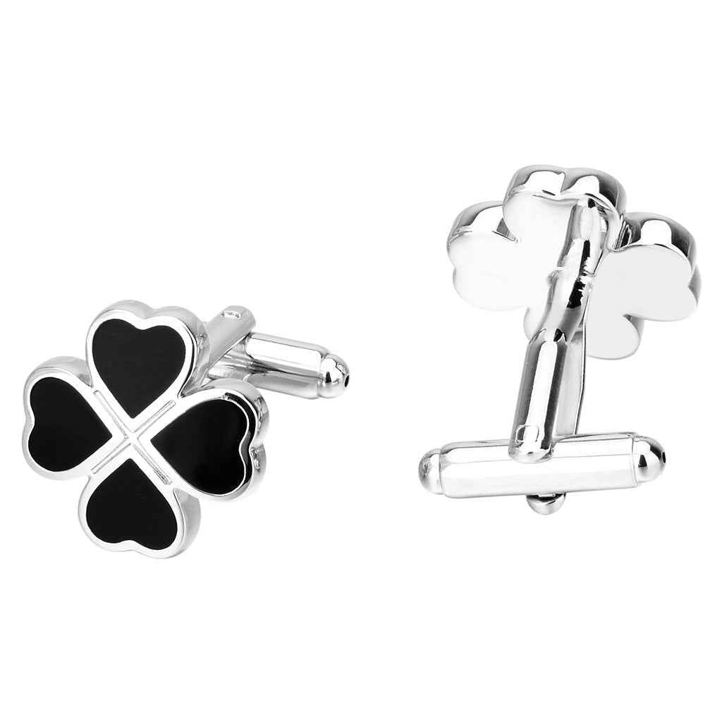 Black Enamel Four-Leaf Clover Cufflinks for Lucky Men