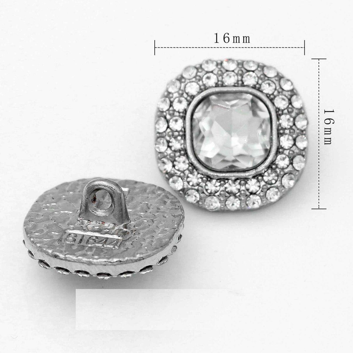 16mm Square Glass Crystal Rhinestone Metal Shank Buttons 20pcs Silver White