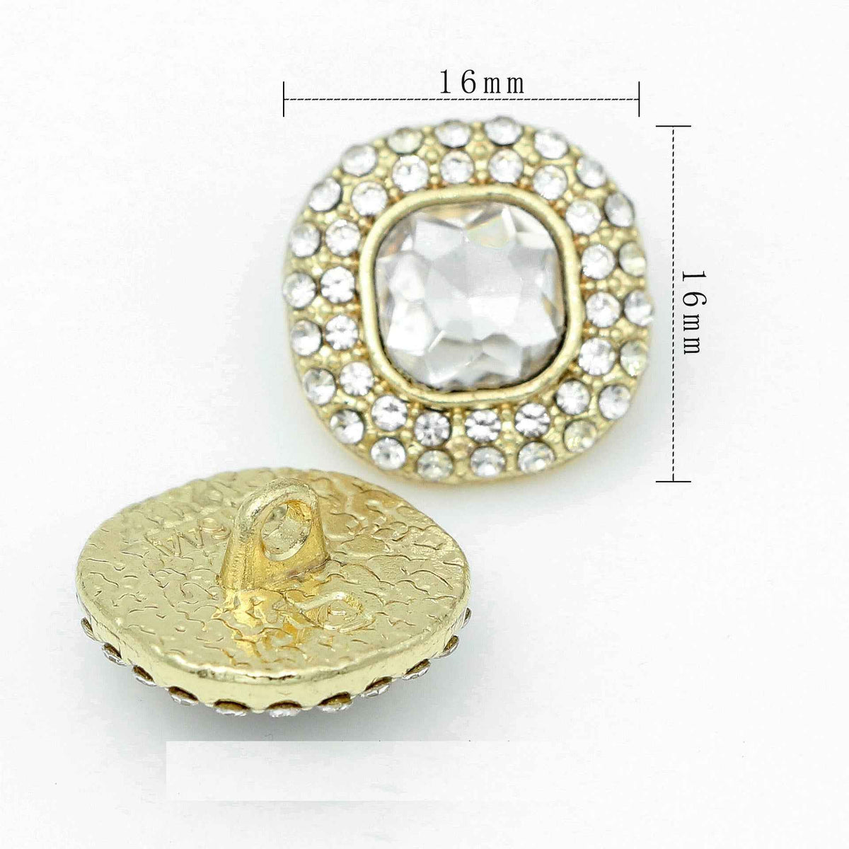 16mm Square Glass Crystal Rhinestone Metal Shank Buttons 20pcs Gold White