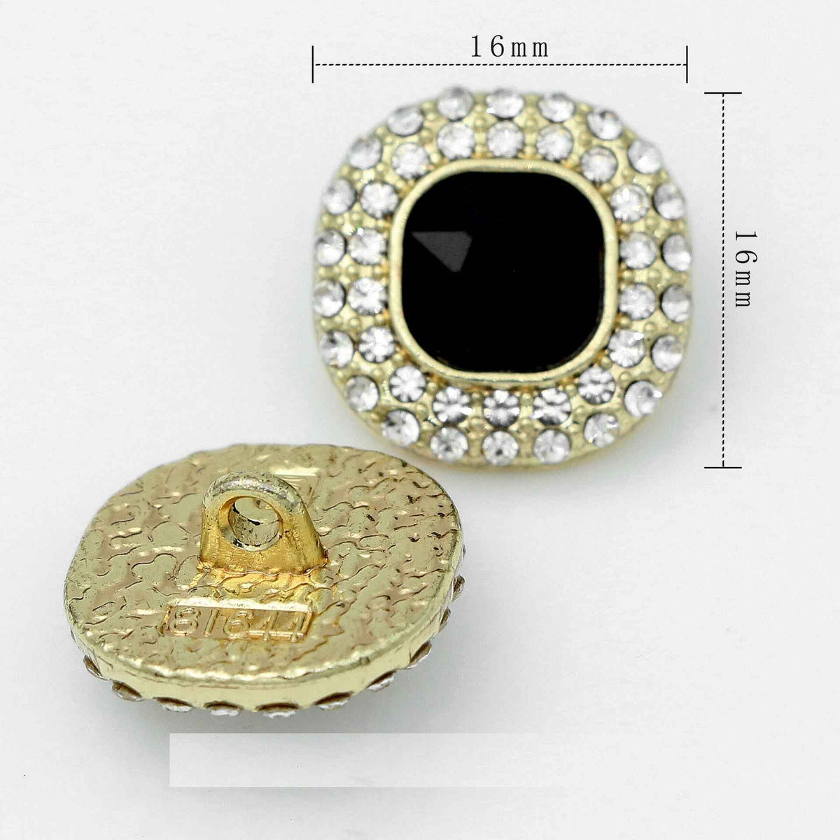 16mm Square Glass Crystal Rhinestone Metal Shank Buttons 20pcs Gold Black