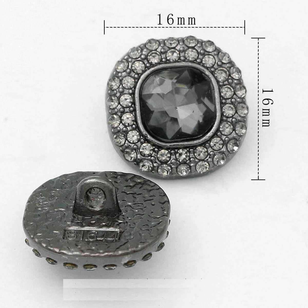 16mm Square Glass Crystal Rhinestone Metal Shank Buttons 20pcs Gunmetal