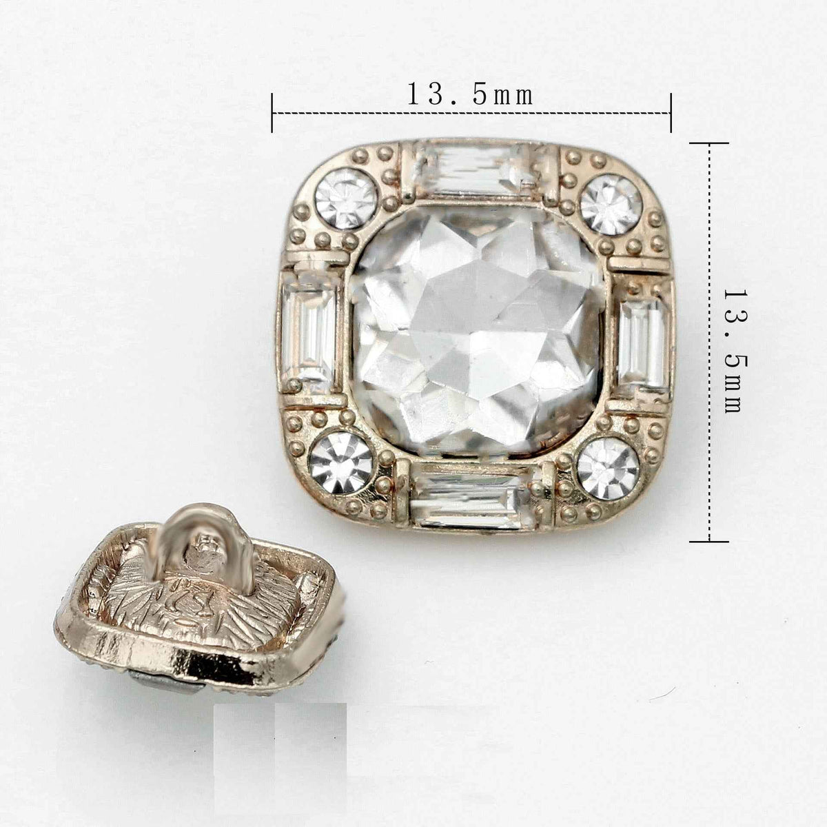 20mm Square Glass Crystal Rhinestone Metal Shank Buttons 20pcs Gold White