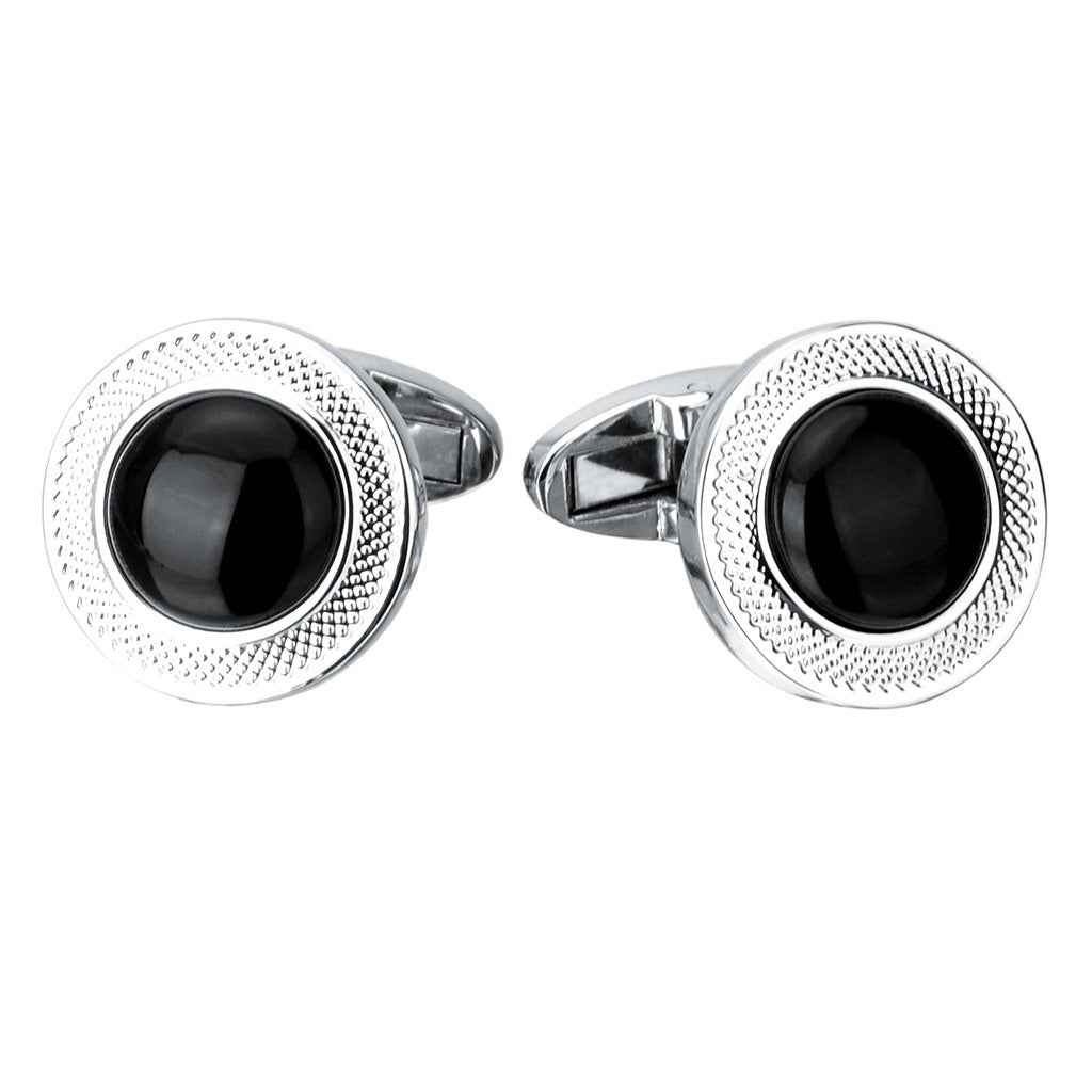 18mm Copper Round Cufflinks with Engraved Floral Pattern Onyx Stone