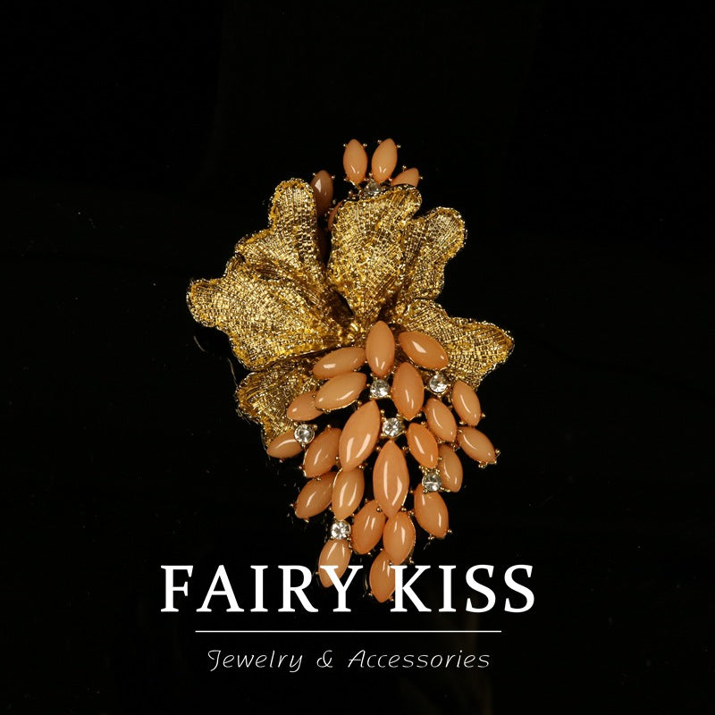 Vintage Royal-Inspired Grape Brooch Rhinestone Alloy Coat Pin Orange