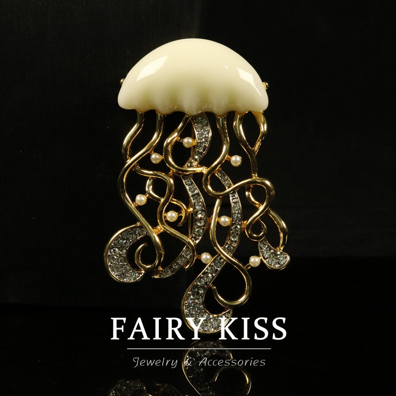 Handcrafted Jellyfish Diamond-Encrusted Metal Brooch