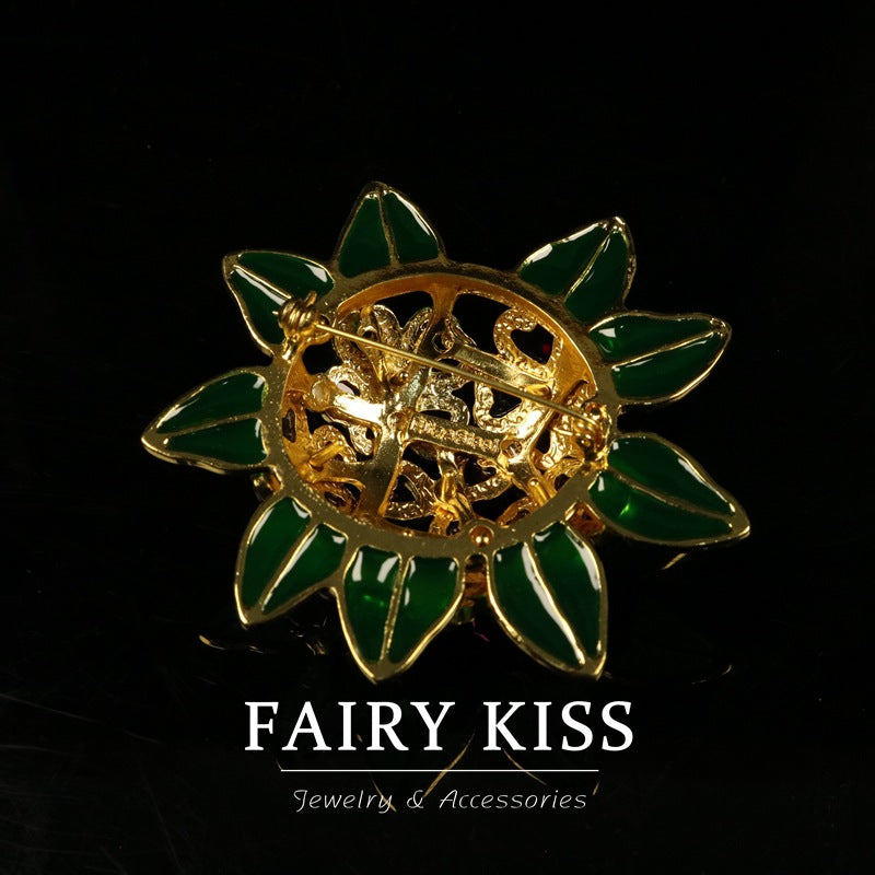 Handcrafted Enamel Flower Brooch with Glass Inlay - Courtly Style