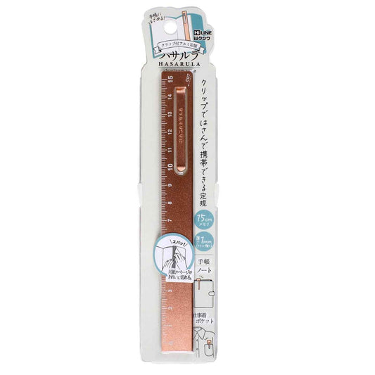 Kutsuwa Hasarula Aluminum Ruler - 15cm with Paper Clip and Cut Pink
