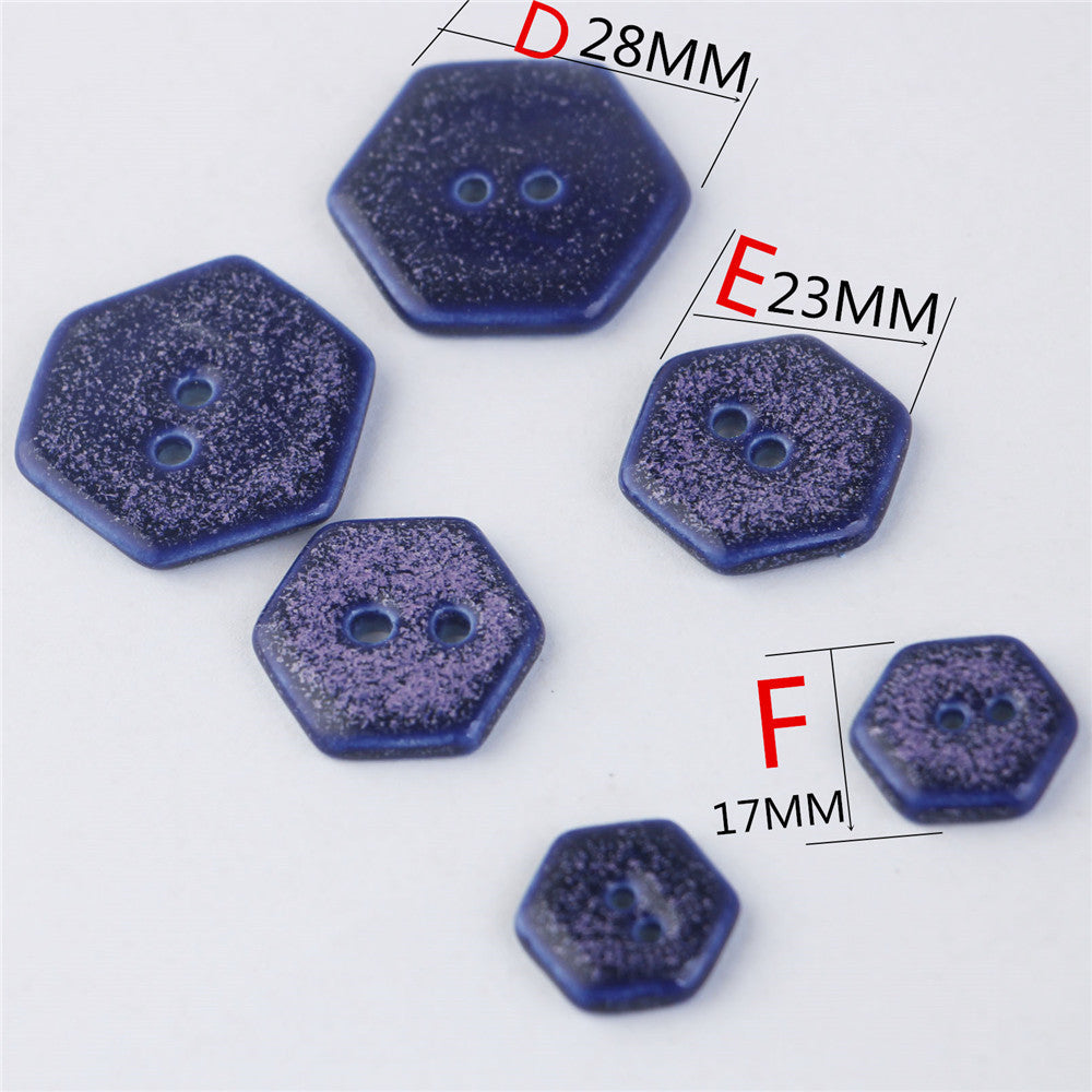 Spotted Blue Square and Hexagonal 2 Hole Ceramic Handmade Buttons 6pcs Hexagonal 28mm