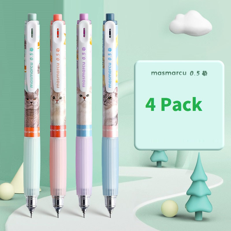 M&G Masmarcu Retractable Cat Gel Pens 4 Pack Black Ink 0.5mm