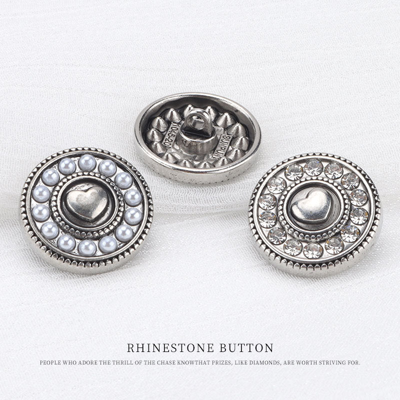 19mm Vintage Heart Pearl Diamond Antique Silver Metal Button 6pcs