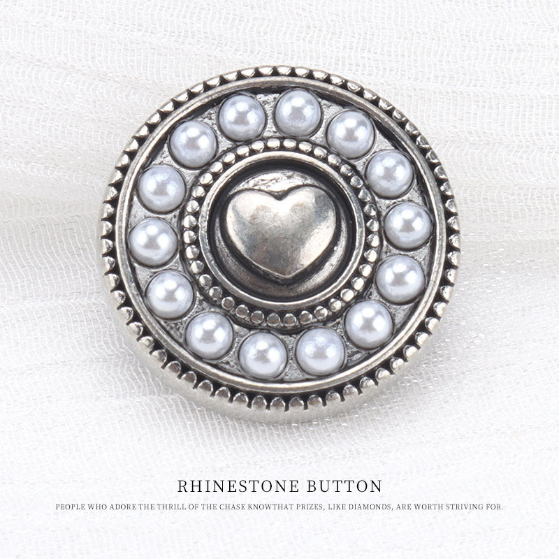 19mm Vintage Heart Pearl Diamond Antique Silver Metal Button 6pcs Pearl