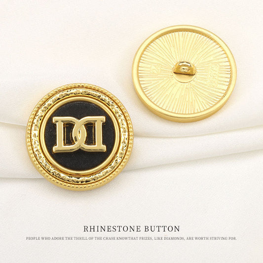 Round Golden Metal Rhinestone Shank Buttons with Letter DD Pattern 6pcs