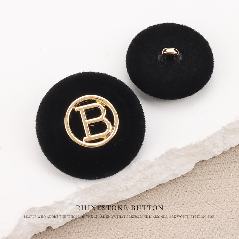 Metal Letter“B” Flocked Round Buttons with Shank 6pcs Black Gold