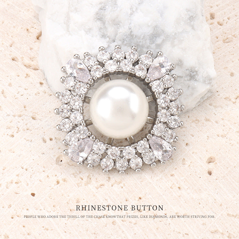 Square Fashion Coat Pearl Copper Zircon Buttons 2pcs Silver