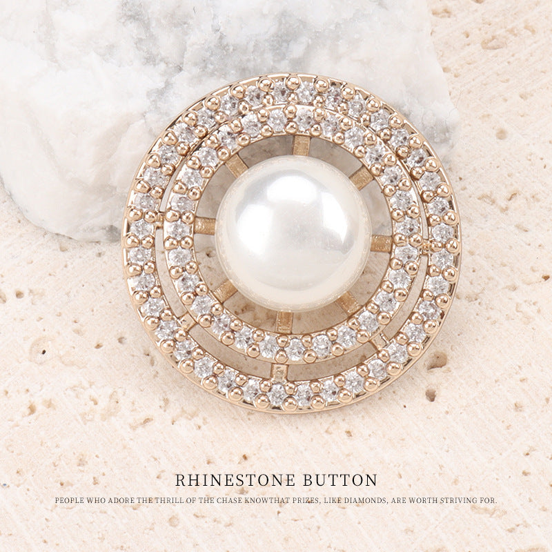 Double Ring Pearl and Zircon Copper Button for Coats 2pcs Gold