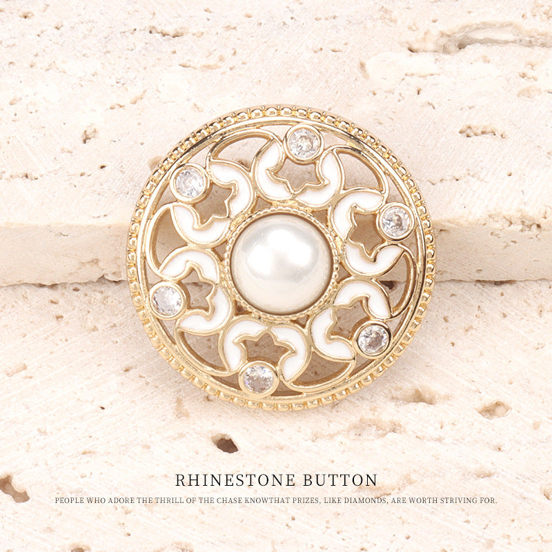 1 inch Hollowed Copper Dotted Oil Pearl Zircon Buttons 2pcs Gold White