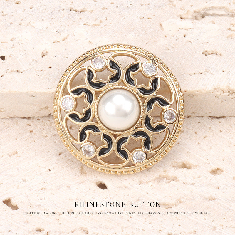 1 inch Hollowed Copper Dotted Oil Pearl Zircon Buttons 2pcs Gold Black