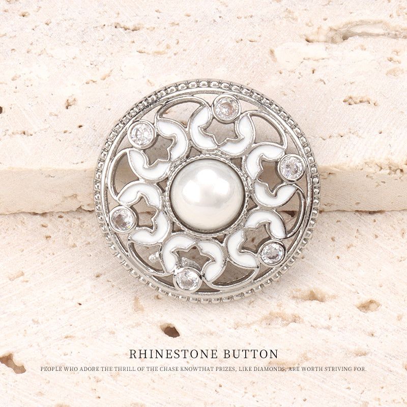 1 inch Hollowed Copper Dotted Oil Pearl Zircon Buttons 2pcs Silver White