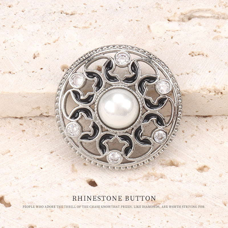 1 inch Hollowed Copper Dotted Oil Pearl Zircon Buttons 2pcs Silver Black
