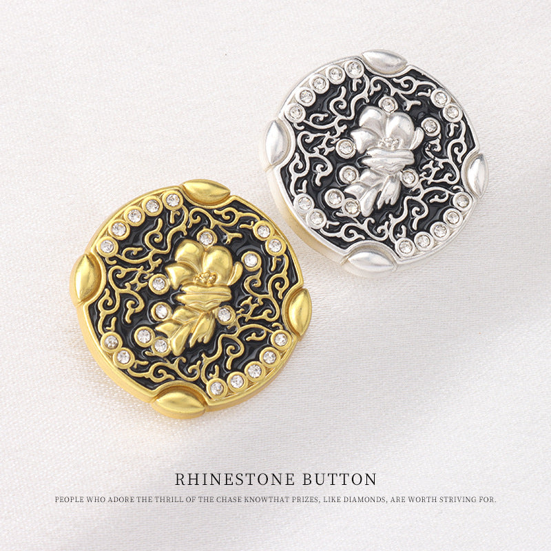 Chinese Style Patterned Golden Silver Metal Rhinestone Shank Buttons 10pcs