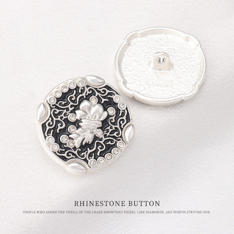 Chinese Style Patterned Golden Silver Metal Rhinestone Shank Buttons 10pcs Silver