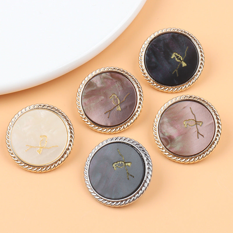 Black Brown Beige Bird Round Shank Buttons Golden/Silver Metal Base 15 Pack