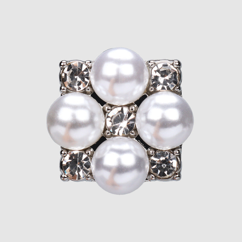 20mm Pearl Rhinestone Button - Square Metal Base with Shank 6pcs Silver