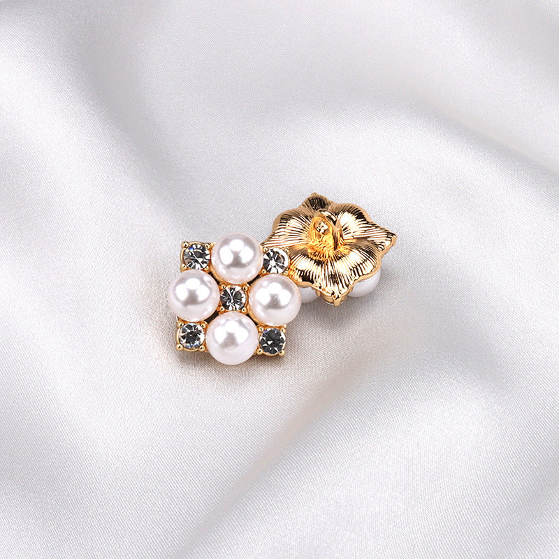 20mm Pearl Rhinestone Button - Square Metal Base with Shank 6pcs