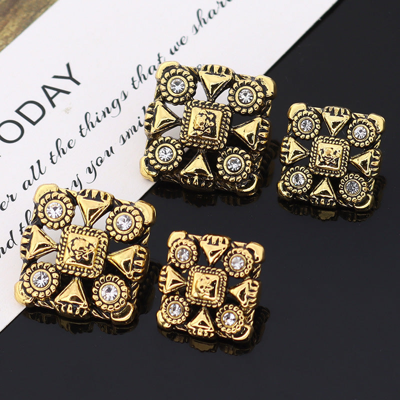Square Vintage Bronze Metal Rhinestone Buttons for Trench Coats 12pcs