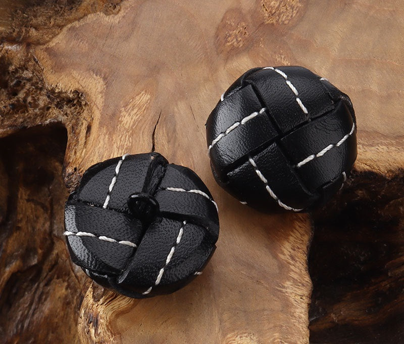 Hand-Woven Black Stitched Genuine Leather Football Coat Buttons 5pcs