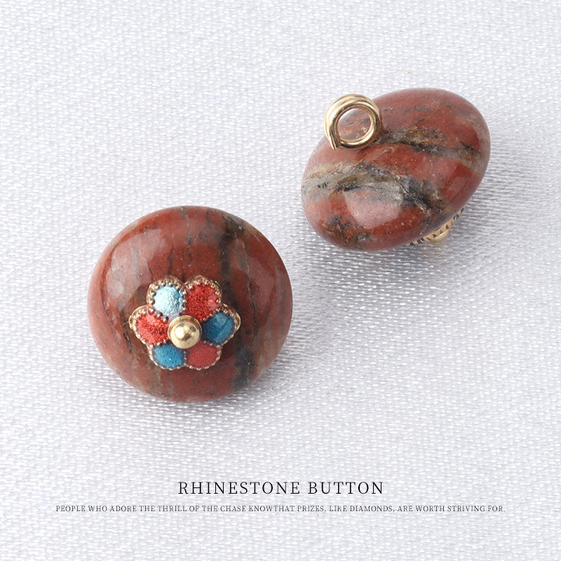 10mm Colorful Natural Jade Buttons with Flower Mounts for Chinese Hanfu 10pcs Dark Red