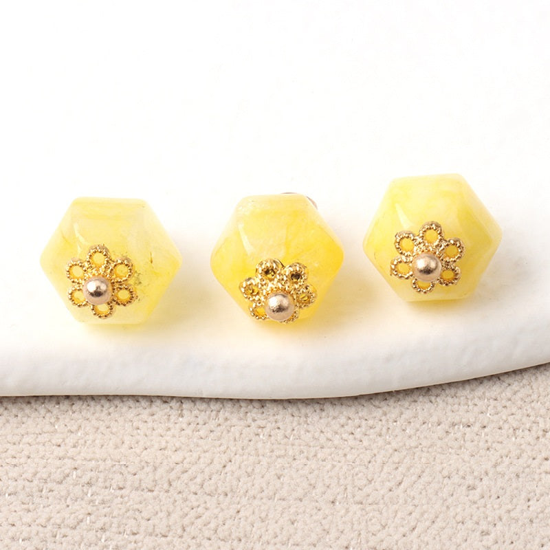 11mm Geometric Polyhedron Shaped Colorful Natural Jade Buttons 10pcs Light Yellow