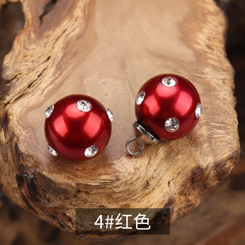 10mm Colorful Plastic Pearl Shirt Button with Rhinestones 6pcs Red