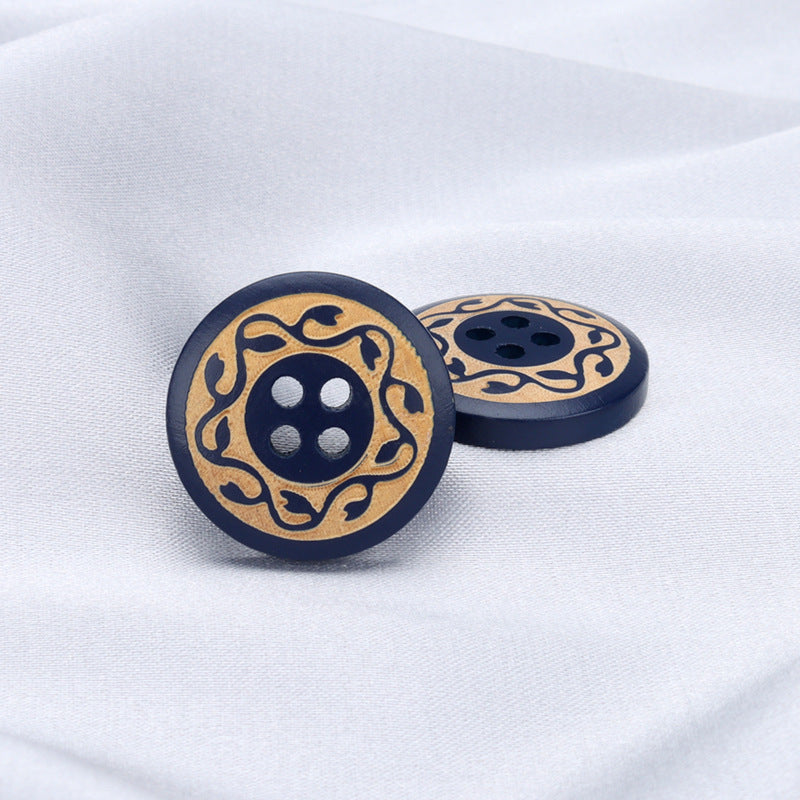 Round 4 Hole Black Baking Finish Laser Carved Vintage Pattern Poplar Wood Buttons 30pcs