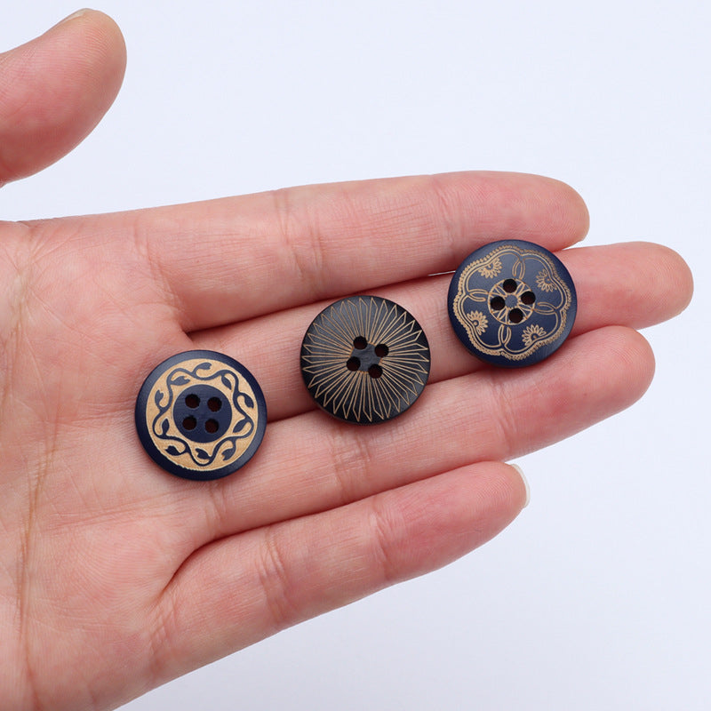 Round 4 Hole Black Baking Finish Laser Carved Vintage Pattern Poplar Wood Buttons 30pcs